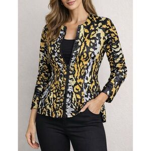 Clara Sun Woo Animal Print Full Zip Jacket Ruched Sleeve Stretch L Boutique Art